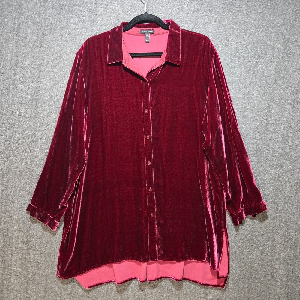 Eileen Fisher Velvet Silk Blend‎ Shirt Womens XL Classic Collar Long Sleeve Wine